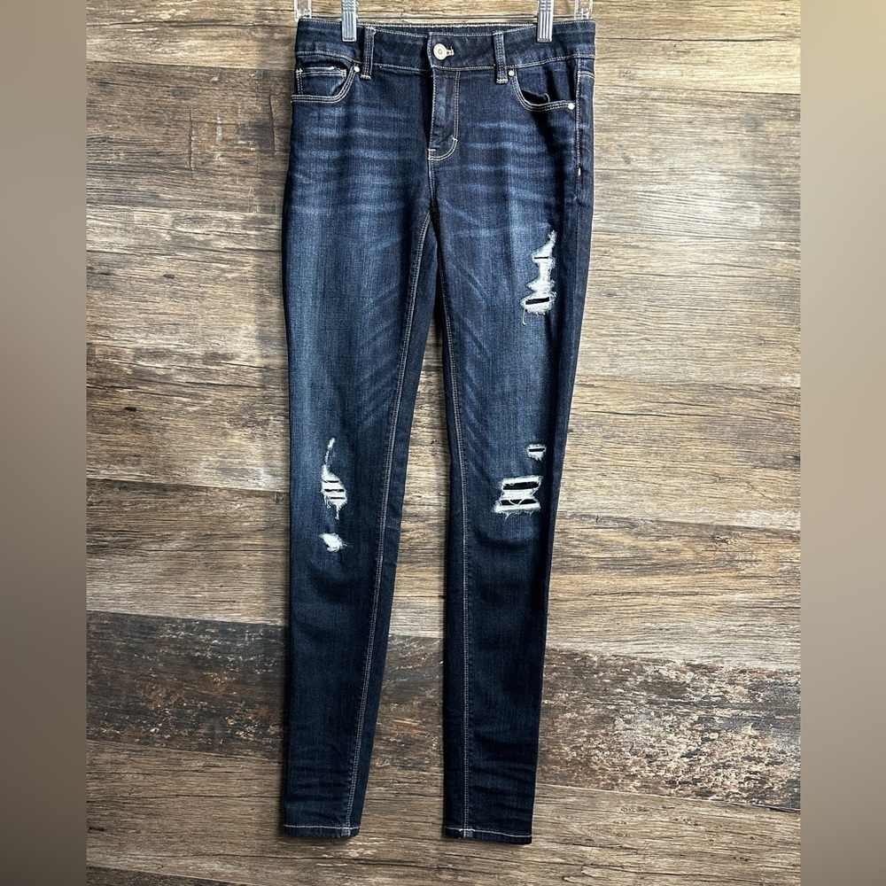 White House Black Market Blue Skinny Jeans with Distressed Details‎